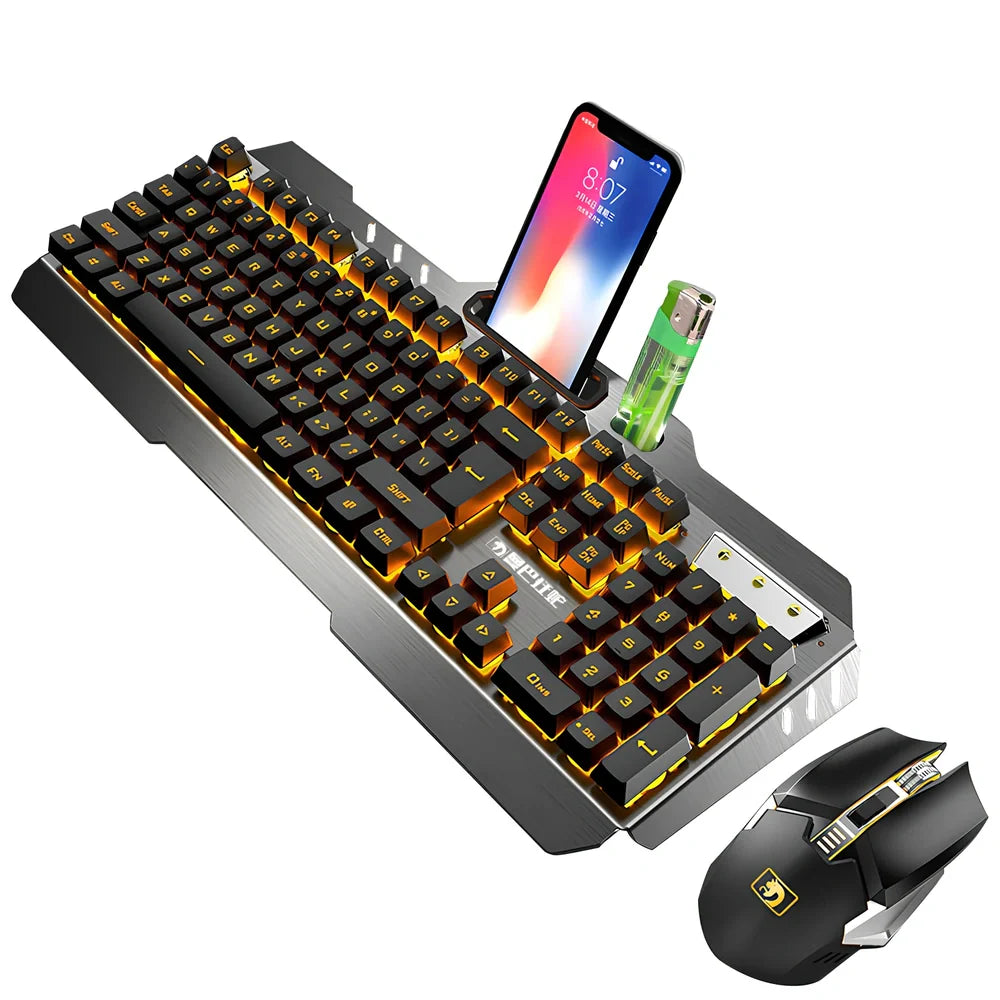 Xinmeng 670 wireless charging keyboard and mouse set in black orange luminous with 2400 DPI and waterproof features