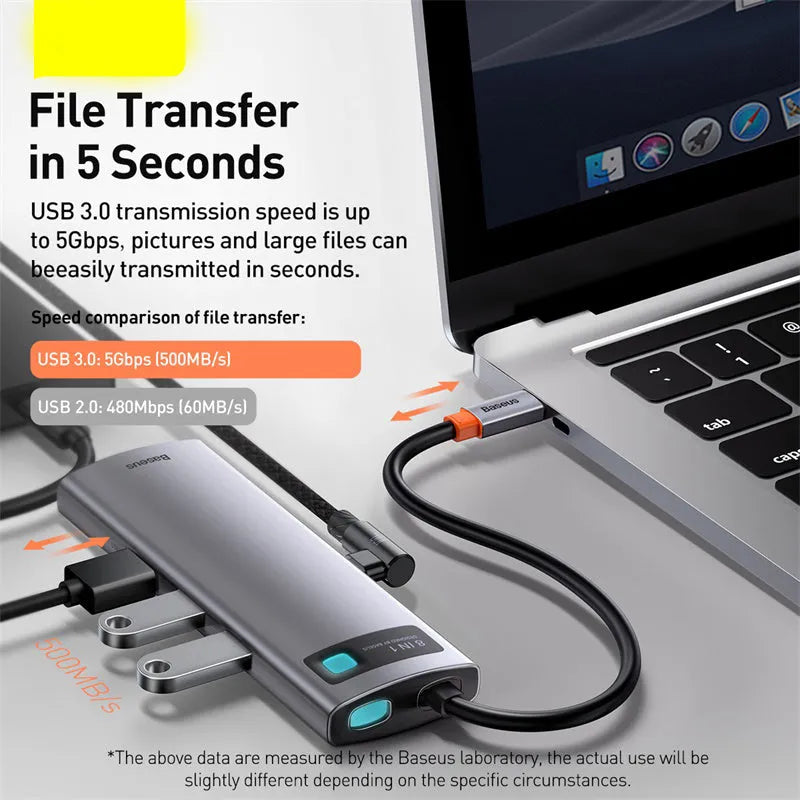 Baseus Metal Shimmer Type-C hub with multiple ports including USB 3.0, HDMI, and Ethernet on a desk next to a laptop