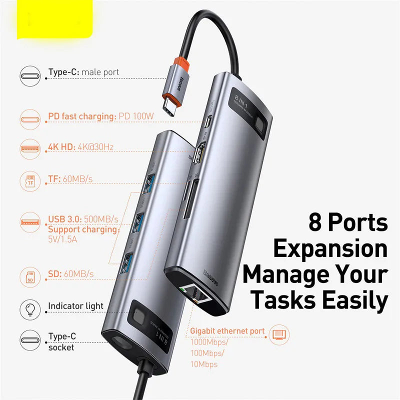 Baseus Metal Shimmer Type-C hub with multiple ports including USB 3.0, HDMI, and Ethernet on a desk next to a laptop