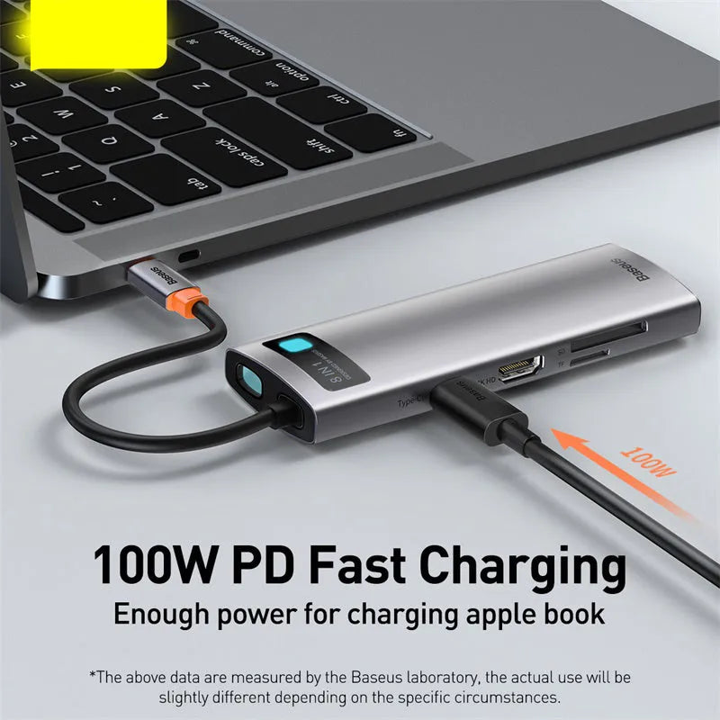 Baseus Metal Shimmer Type-C hub with multiple ports including USB 3.0, HDMI, and Ethernet on a desk next to a laptop