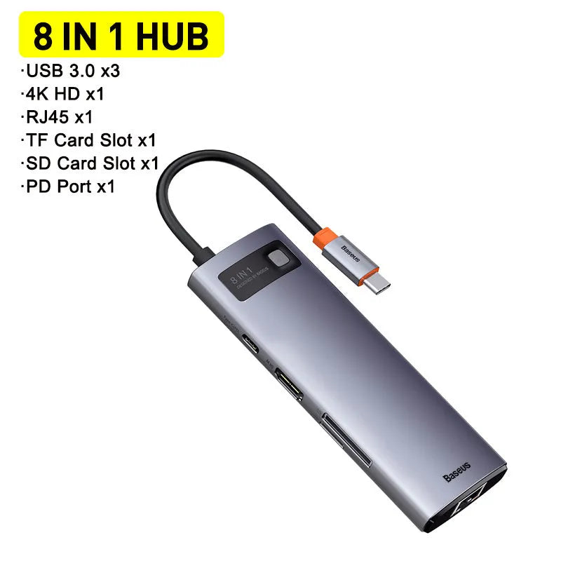 Baseus Metal Shimmer Type-C hub with multiple ports including USB 3.0, HDMI, and Ethernet on a desk next to a laptop