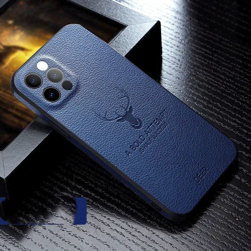 Square frame iPhone case with a luxury leather texture in orange, red, black, blue, and brown colour options.