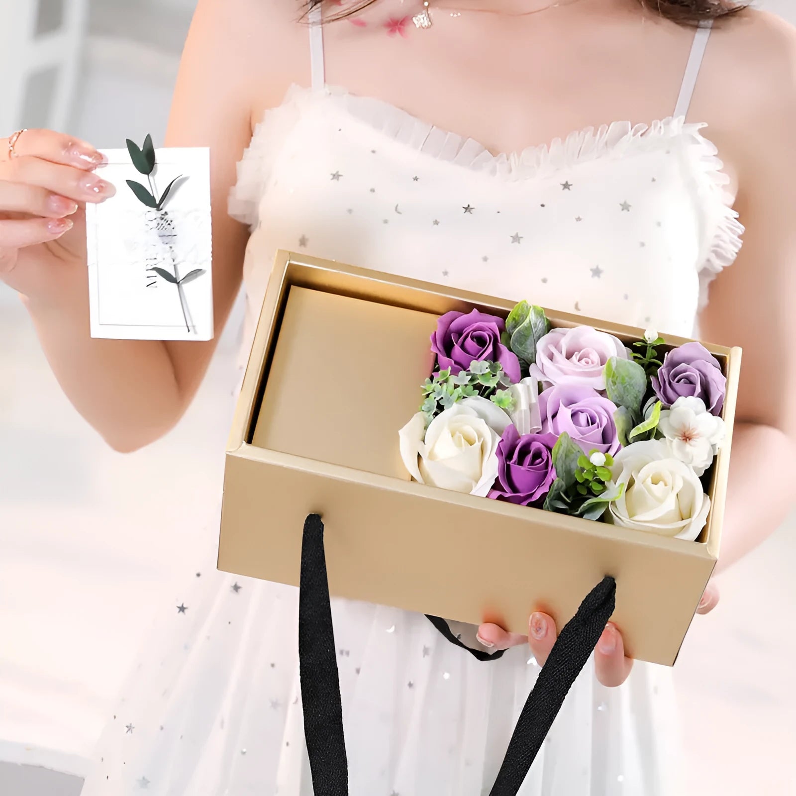 Soap flower rose bouquet in gold gift box with red greeting card, ideal gift for Mother's Day or Valentine's Day