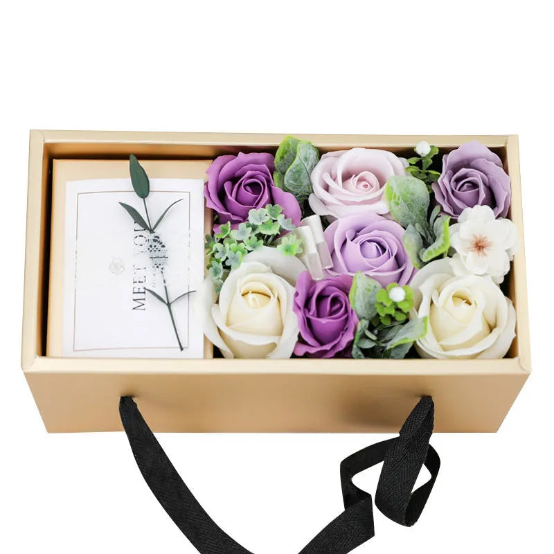 Soap flower rose bouquet in gold gift box with red greeting card, ideal gift for Mother's Day or Valentine's Day