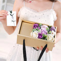Soap flower rose bouquet in gold gift box with red greeting card, ideal gift for Mother's Day or Valentine's Day