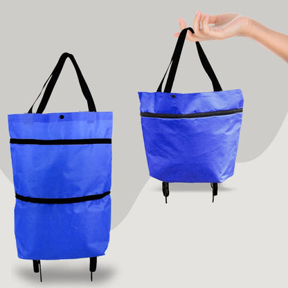 Foldable shopping cart with wheels in various colors, showing transformation from bag to cart