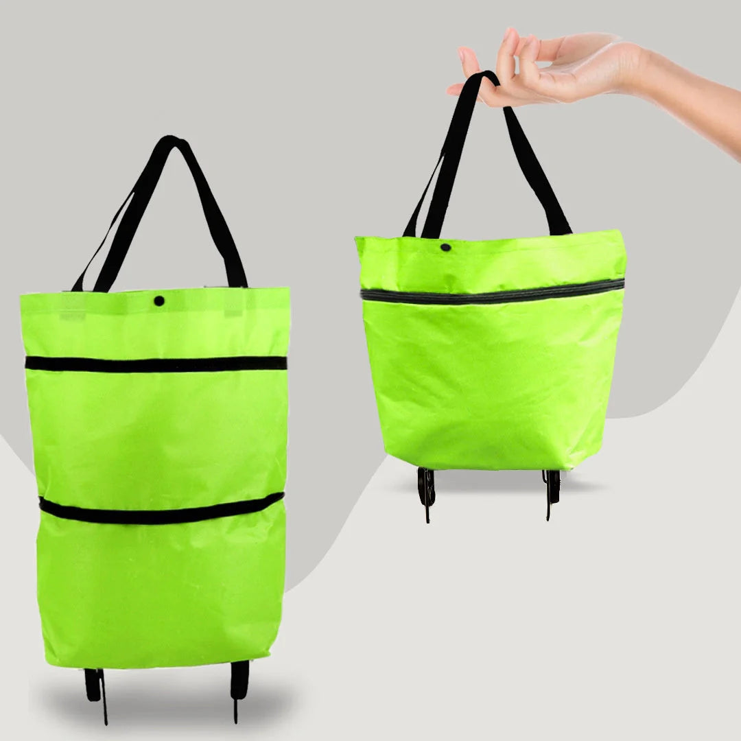 Foldable shopping cart with wheels in various colors, showing transformation from bag to cart