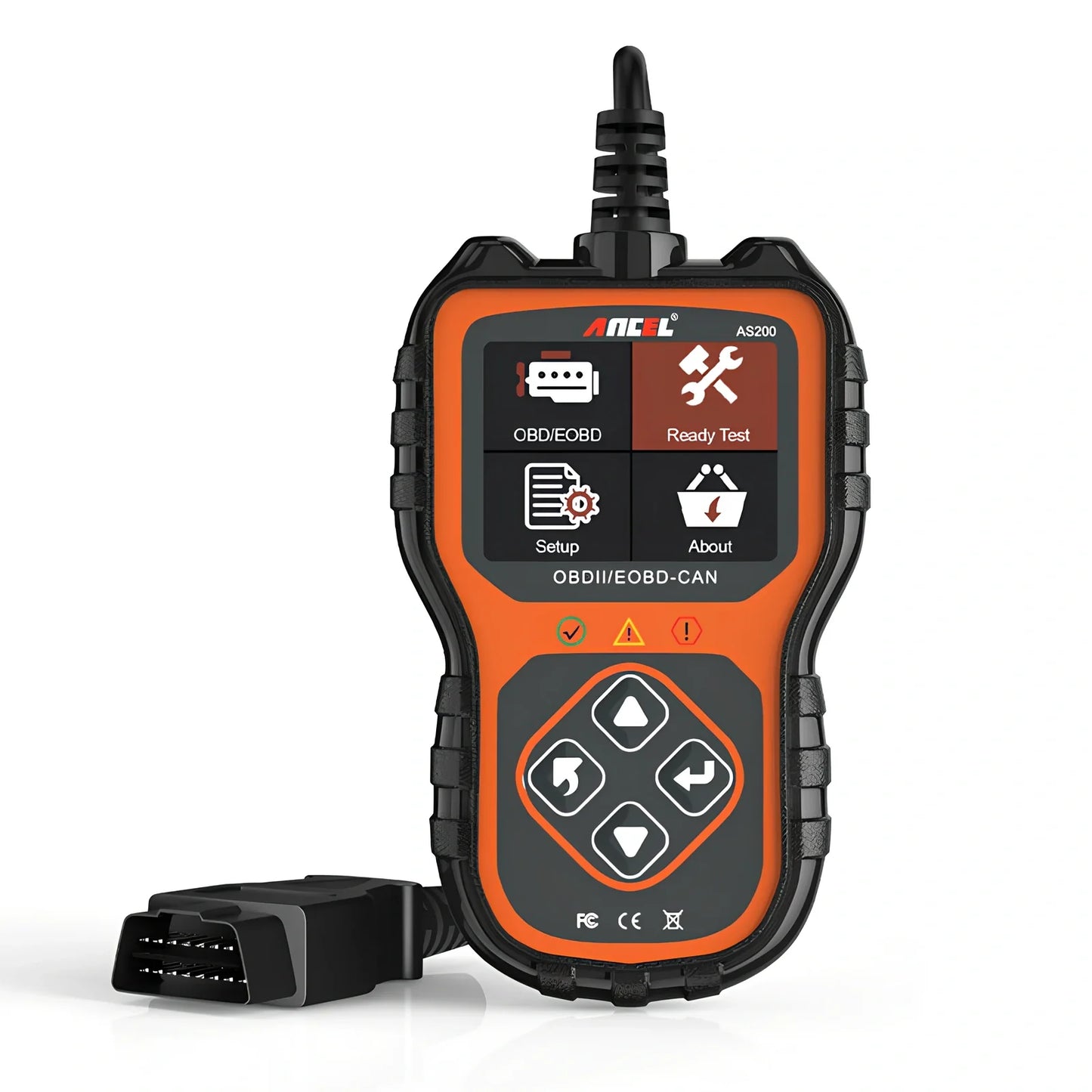 Ancel AS200 black OBD2 diagnostic scanner with 2.8-inch screen connected to vehicle port