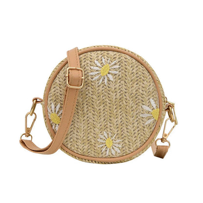 Straw woven round bag with embroidery for women, red sand beach style