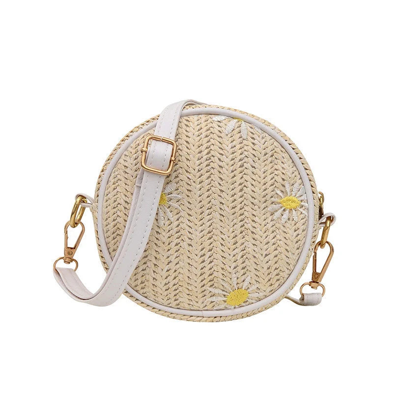 Straw woven round bag with embroidery for women, red sand beach style