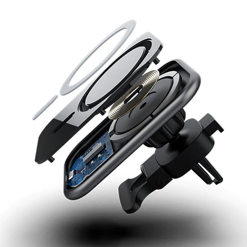15W magnetic car wireless charger with USB interface, indicator function, and black finish on dashboard