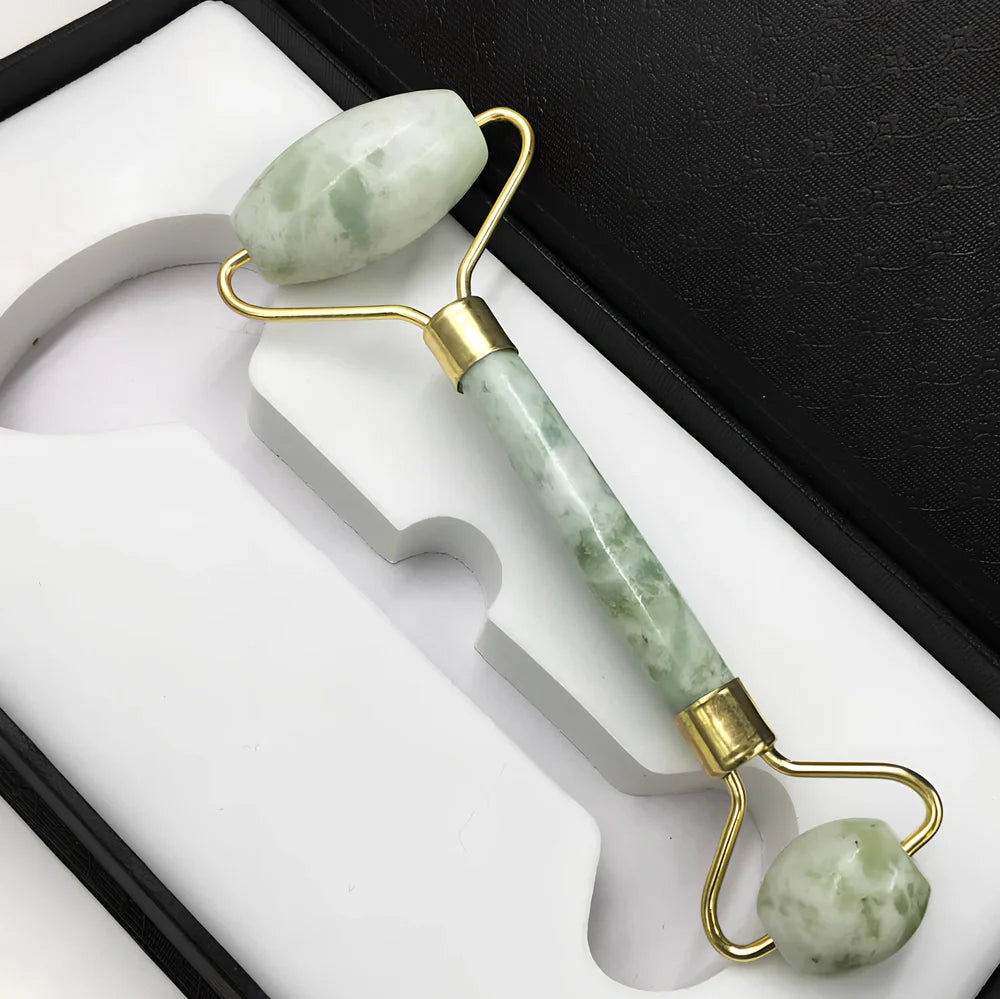 Double-headed Xiuyu jade facial massage roller, 20 cm long, for skin decongestion and cooling relief