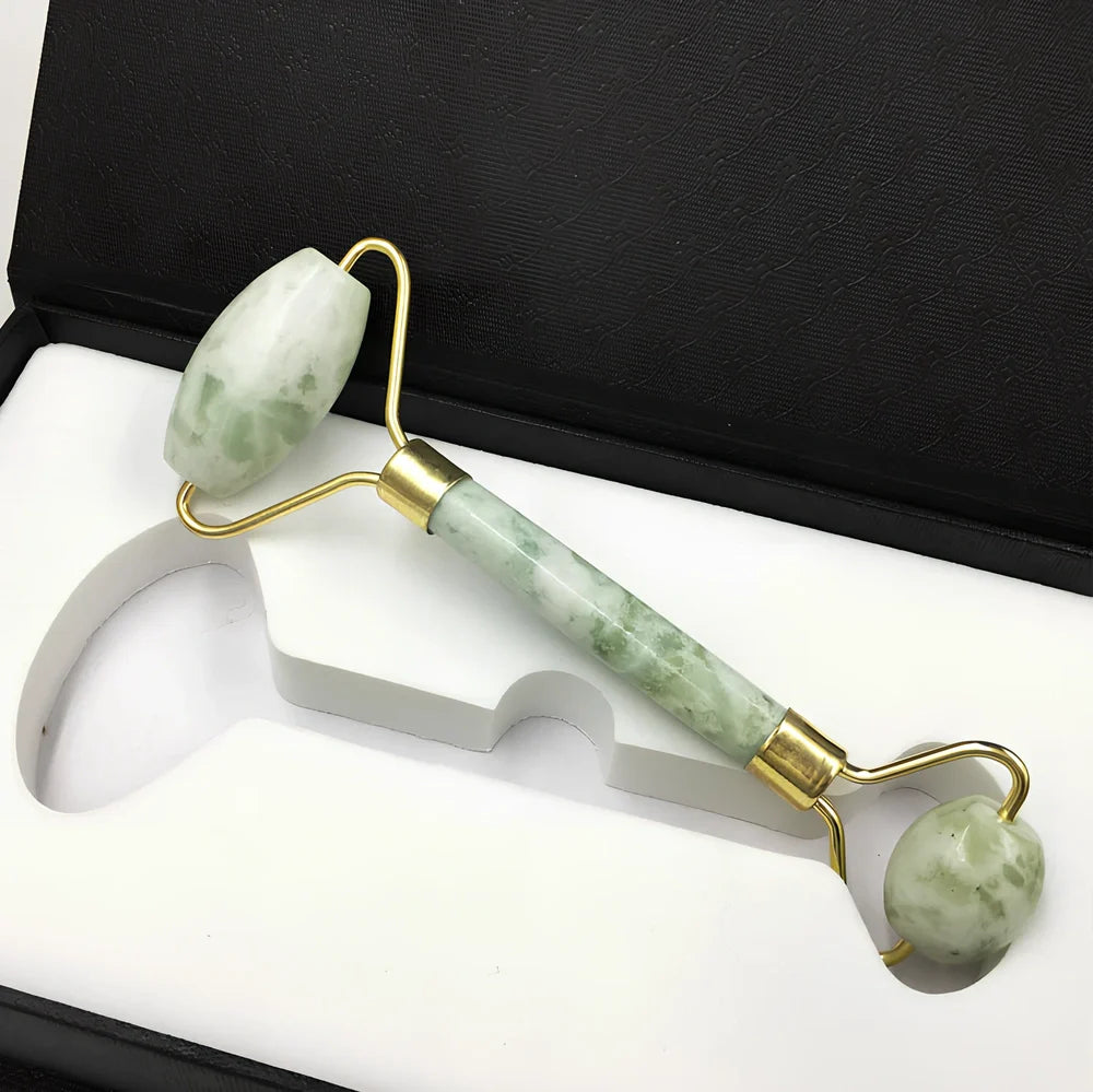 Double-headed Xiuyu jade facial massage roller, 20 cm long, for skin decongestion and cooling relief