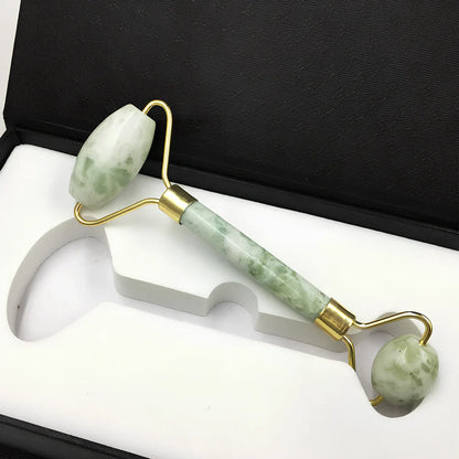 Double-headed Xiuyu jade facial massage roller, 20 cm long, for skin decongestion and cooling relief