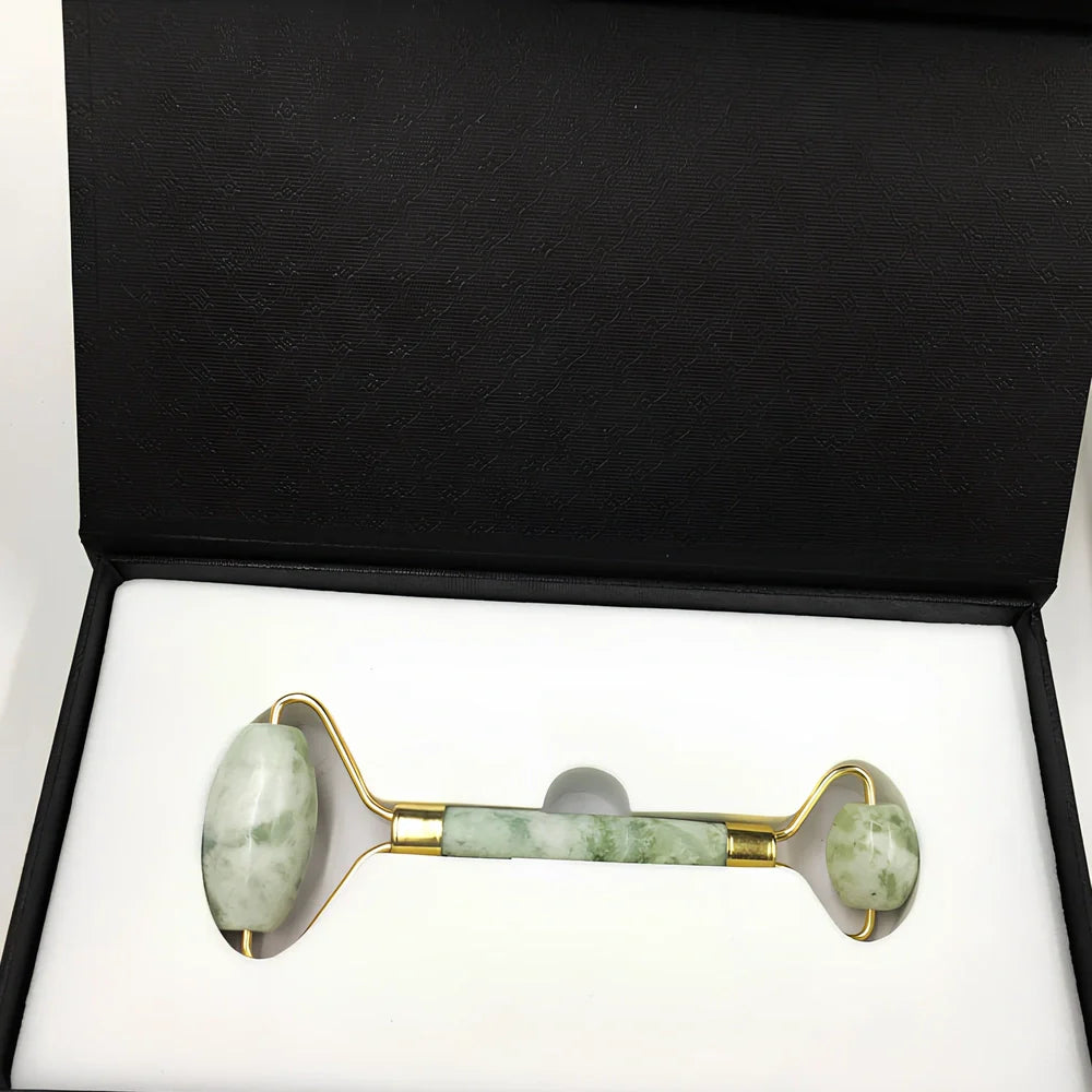Double-headed Xiuyu jade facial massage roller, 20 cm long, for skin decongestion and cooling relief