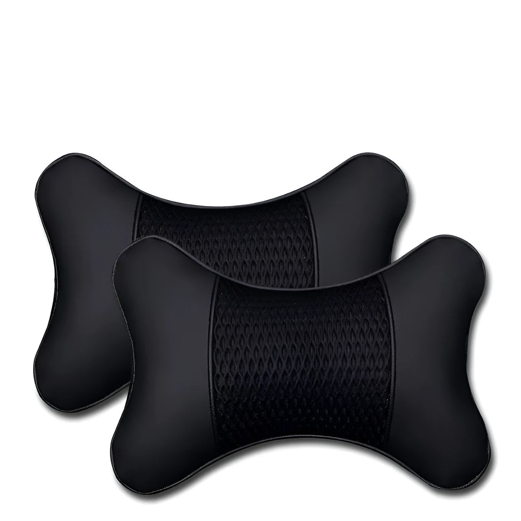 Two-piece car headrest and neck pillow set in classic black with polyester cover and flame retardant acrylic filler
