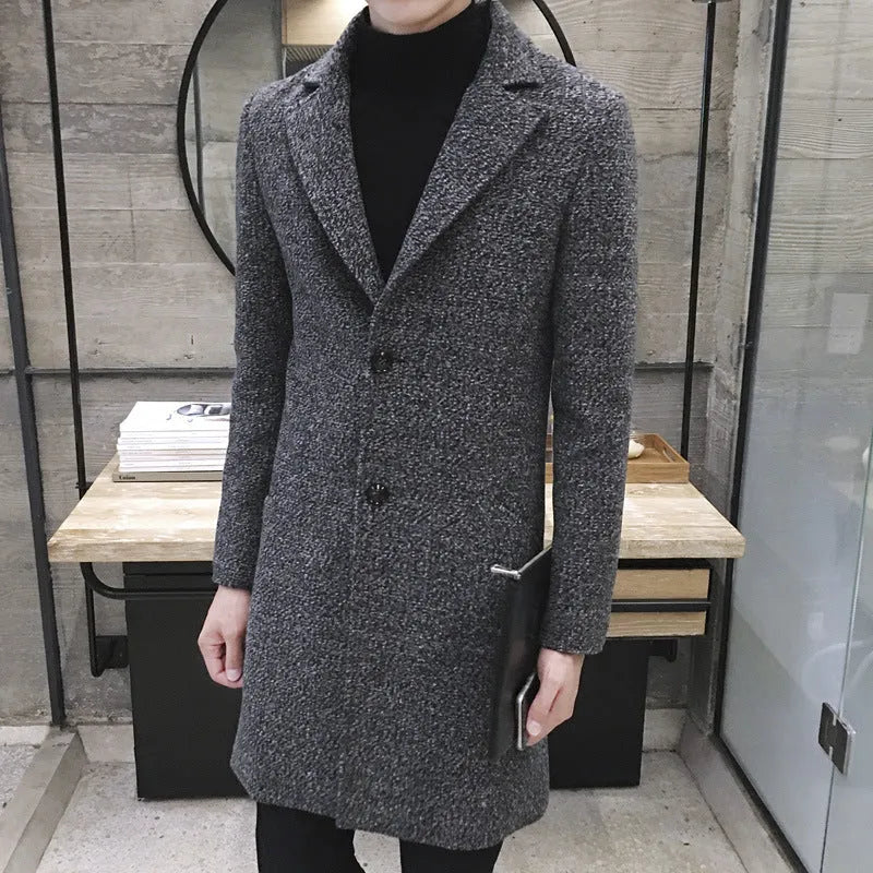 Korean men's mid-length windbreaker coat in woolen cloth, black, front view, sizes M to 5XL