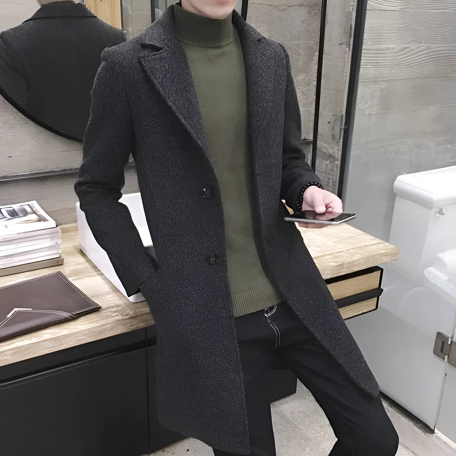 Korean men's mid-length windbreaker coat in woolen cloth, black, front view, sizes M to 5XL
