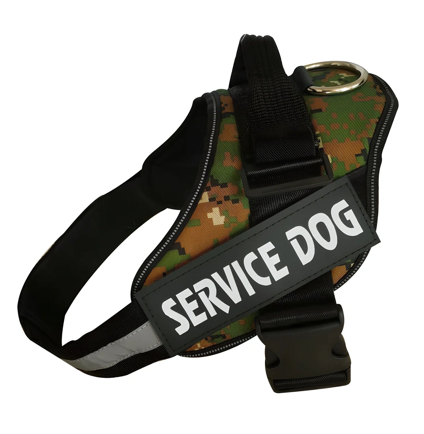 Adjustable reflective dog harness with top handle and metal D-ring for leash attachment