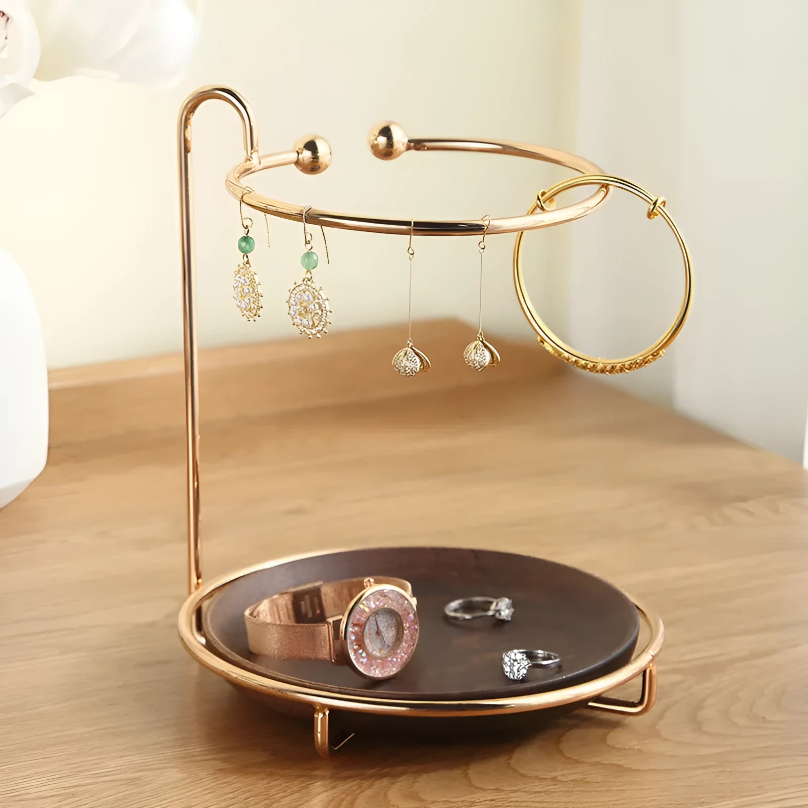 Walnut solid wood key and jewellery hanger storage tray on a wall