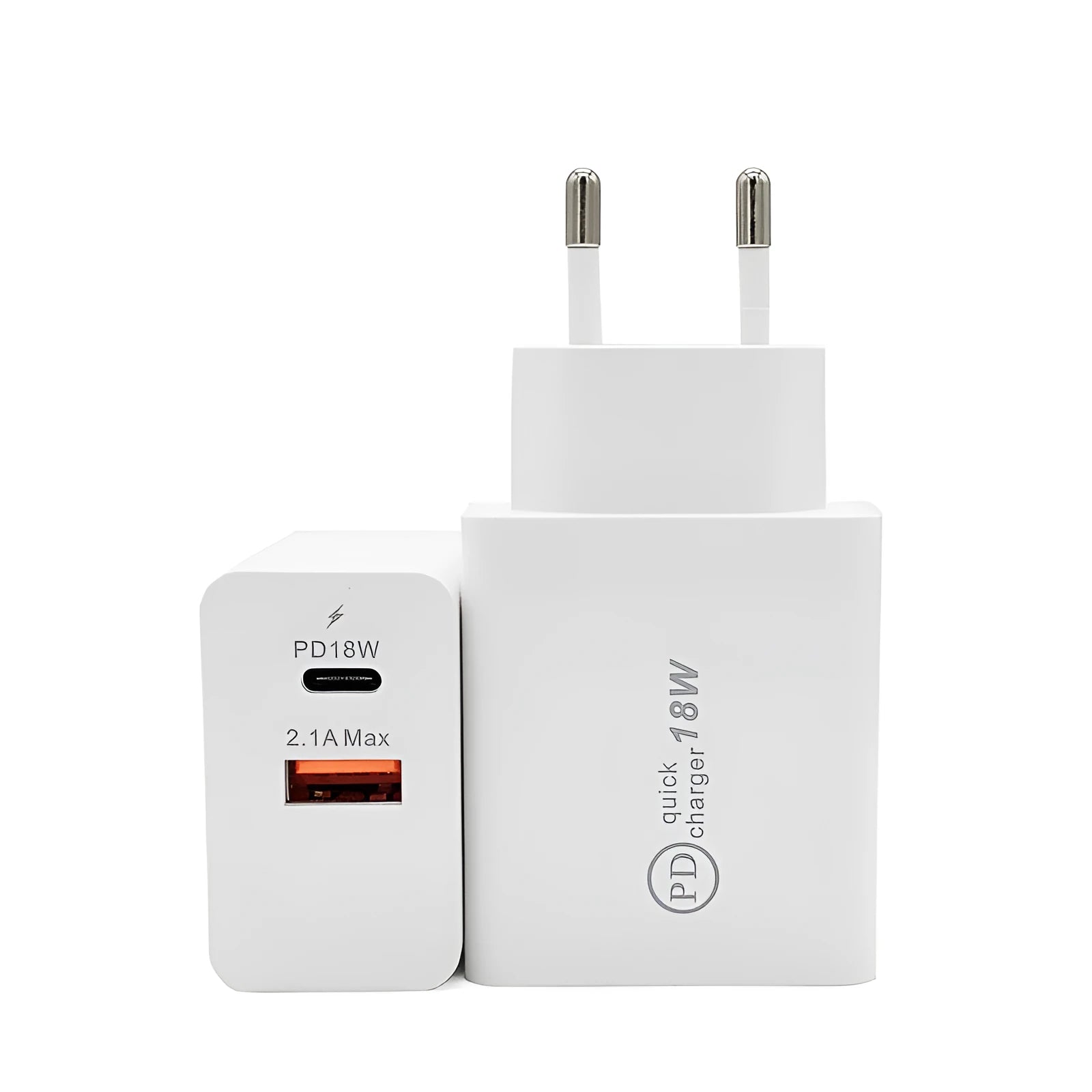 Black 18W USB-C Power Delivery fast wall charger with US plug on a white background.