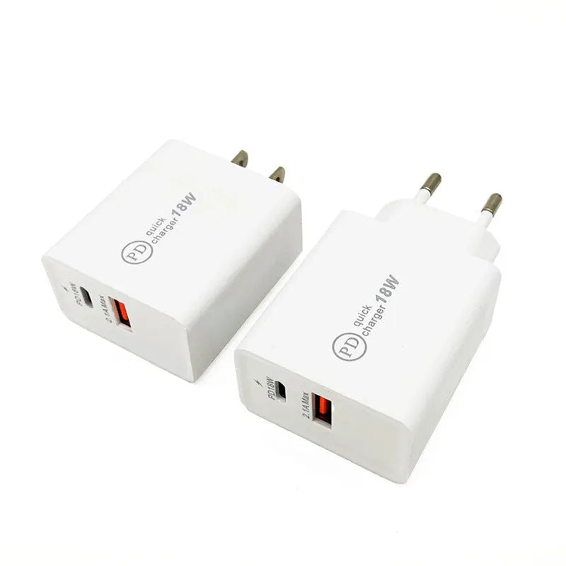 Black 18W USB-C Power Delivery fast wall charger with US plug on a white background.