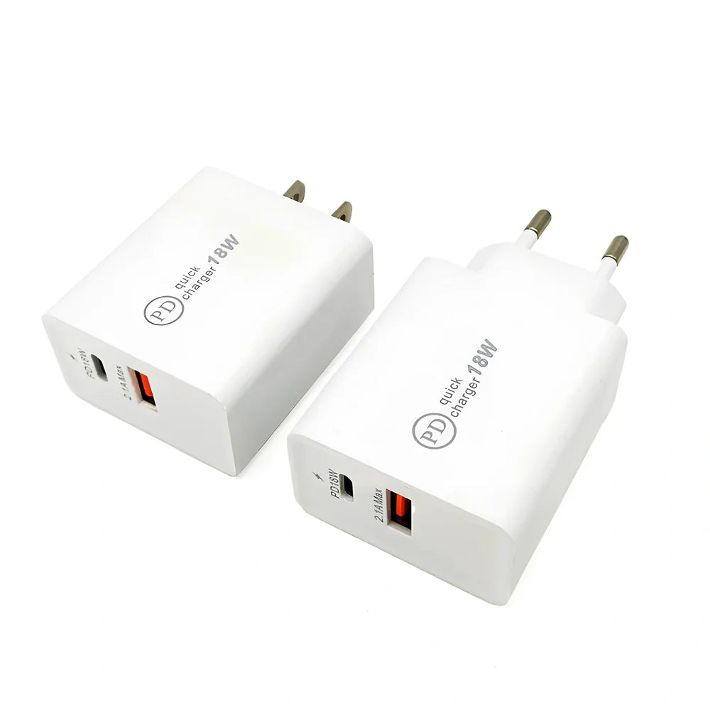 White 18W USB-C PD fast charger with US plug, compact adapter for smartphones and tablets