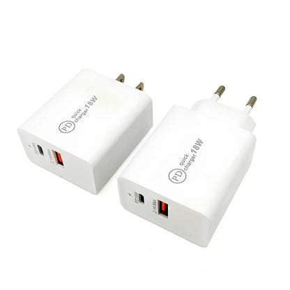 White 18W USB-C PD fast charger with US plug, compact adapter for smartphones and tablets