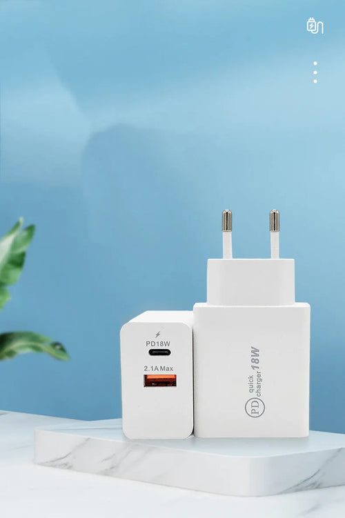 Black 18W USB-C Power Delivery fast wall charger with US plug on a white background.
