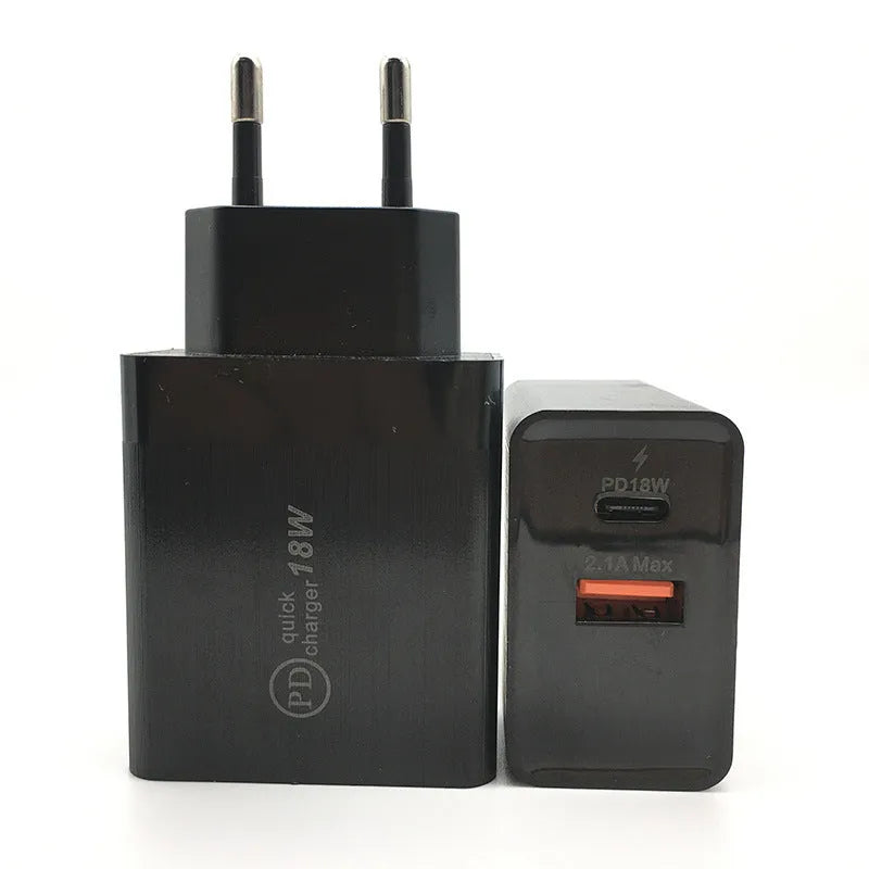 Black 18W USB-C Power Delivery fast wall charger with US plug on a white background.