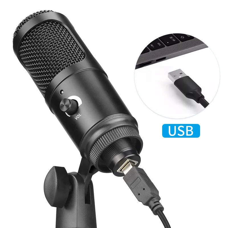 Black Zhongtong AK-6 USB condenser microphone with a heart-shaped polar pattern on a bracket.