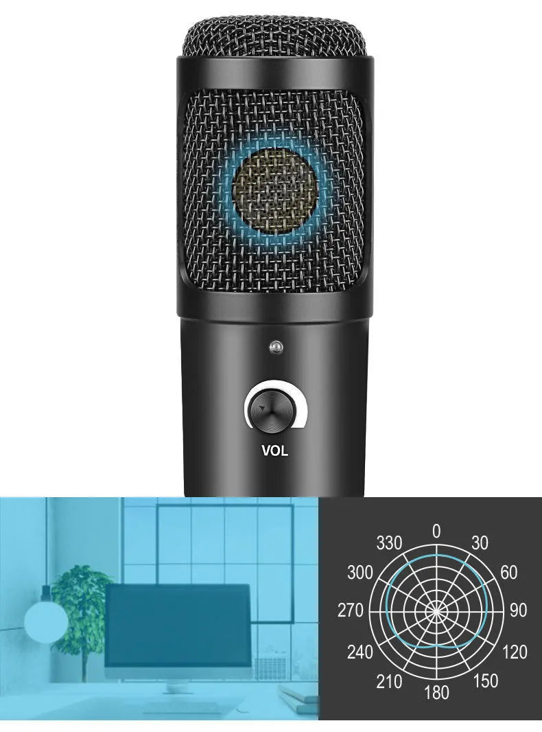 Black Zhongtong AK-6 USB condenser microphone with a heart-shaped polar pattern on a bracket.