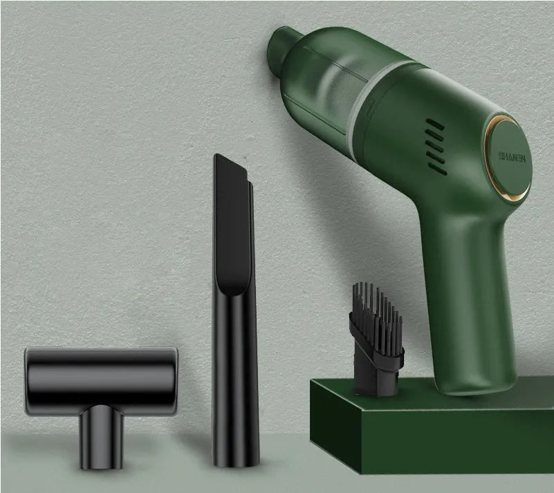 Black wireless handheld car vacuum cleaner with attachments on a light background