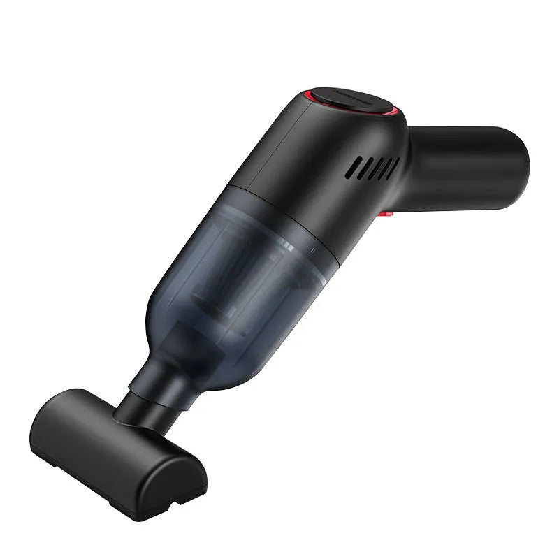 Black wireless handheld car vacuum cleaner with attachments on a light background