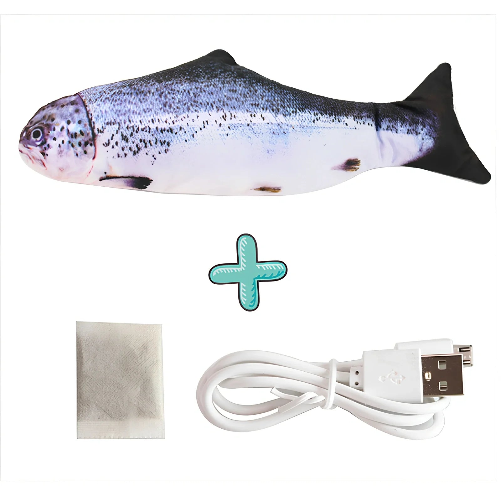Electric flopping fish cat toy in clownfish design, 30cm long, USB rechargeable with touch sensor for play activation