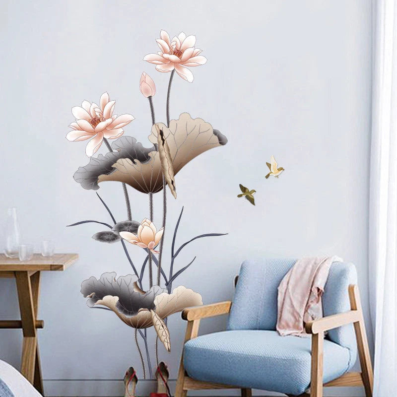 Chinese style lotus flower self-adhesive wallpaper for living room decor