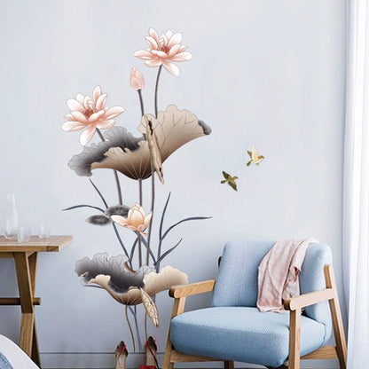 Chinese style lotus flower self-adhesive wallpaper for living room decor