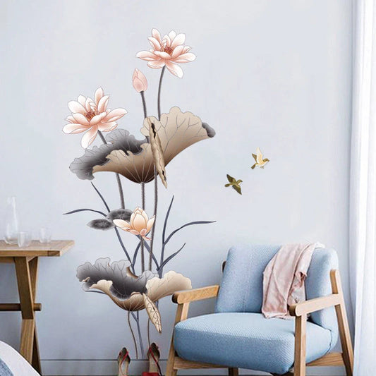 Chinese style lotus flower self-adhesive wallpaper for living room decor