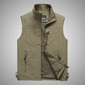Men's outdoor leisure vest with stand-up collar and front zipper in khaki, shown on a model against a plain background