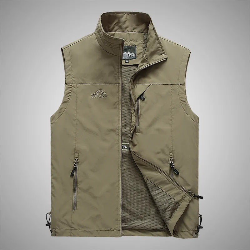 Men's outdoor leisure vest with stand-up collar and front zipper in khaki, shown on a model against a plain background
