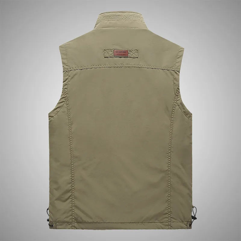 Men's outdoor leisure vest with stand-up collar and front zipper in khaki, shown on a model against a plain background