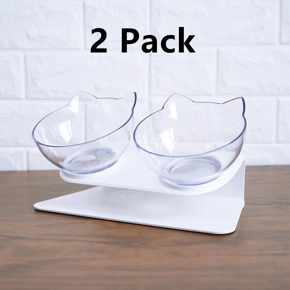 Cat Double Bowl with 15° tilt design for cervical support, transparent cat head and ears, food-grade plastic