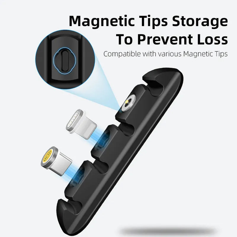 Black soft plastic desktop organiser for holding and organising charging and data cables.