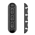 Black soft plastic desktop organiser for holding and organising charging and data cables.
