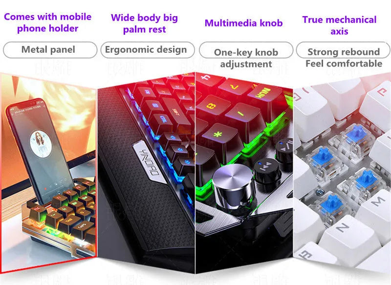 Silver Carving K100 metal mechanical keyboard with black axis keys, seven-color backlight, large hand rest, and phone holder on a desk