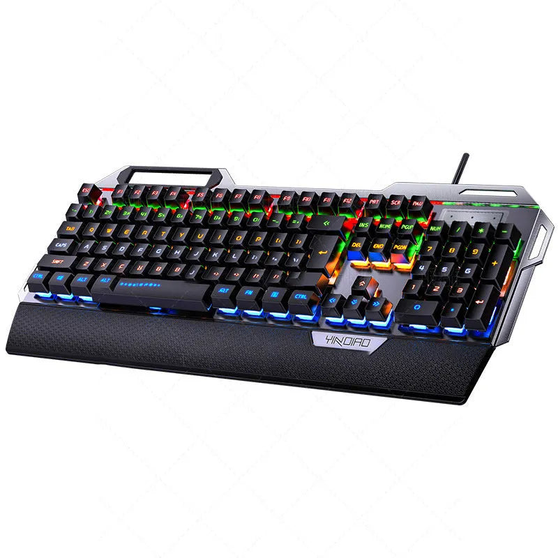 Silver Carving K100 metal mechanical keyboard with black axis keys, seven-color backlight, large hand rest, and phone holder on a desk