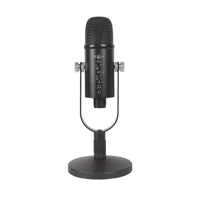 Black JIY BM-86PRO USB condenser microphone on a metal stand with a sponge cover attached.