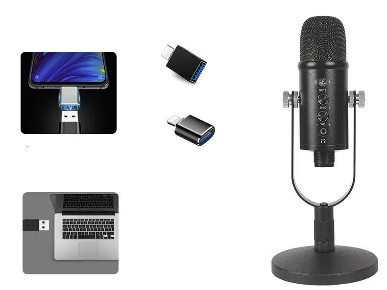 Black JIY BM-86PRO USB condenser microphone on a metal stand with a sponge cover attached.