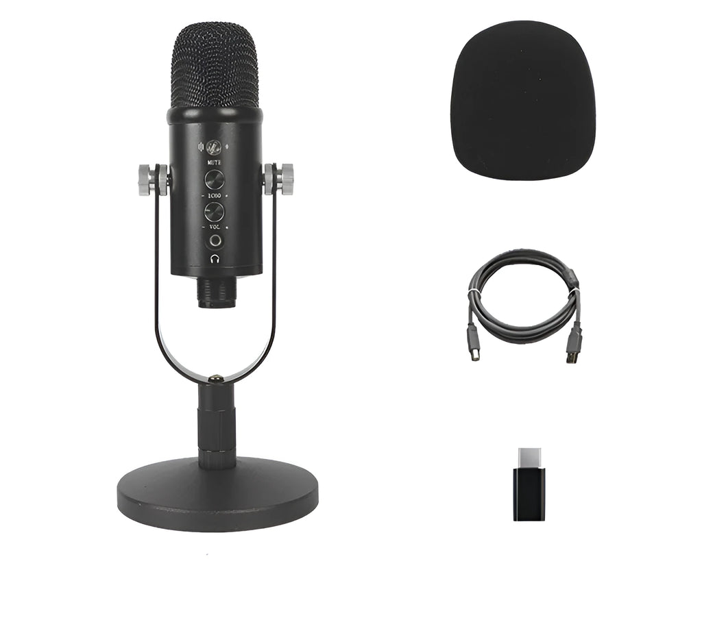 Black JIY BM-86PRO USB condenser microphone on a metal stand with a sponge cover attached.