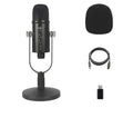 Black JIY BM-86PRO USB condenser microphone on a metal stand with a sponge cover attached.